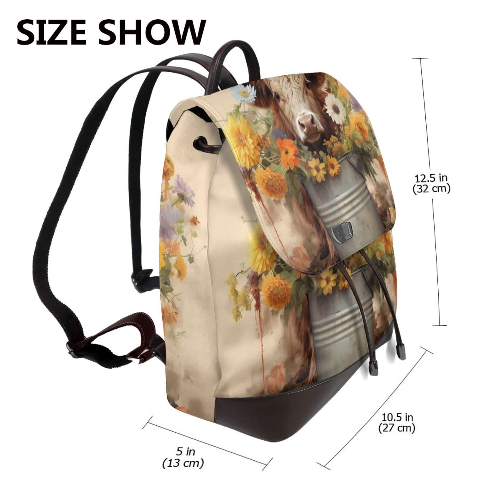 Xecao Bucket Flower Cow Print Large Backpack Soft Leather for Women Travel with Compartment, Adjustable Convertible Strap