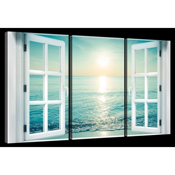 Elephant Stock Window To Seascape Wall Art - Horizontal Multi Panel Canvas - 3 Pieceliving Room Wall Decor - Photography Wellness Multi Panel - Blue And White Decor - 23" x 14"