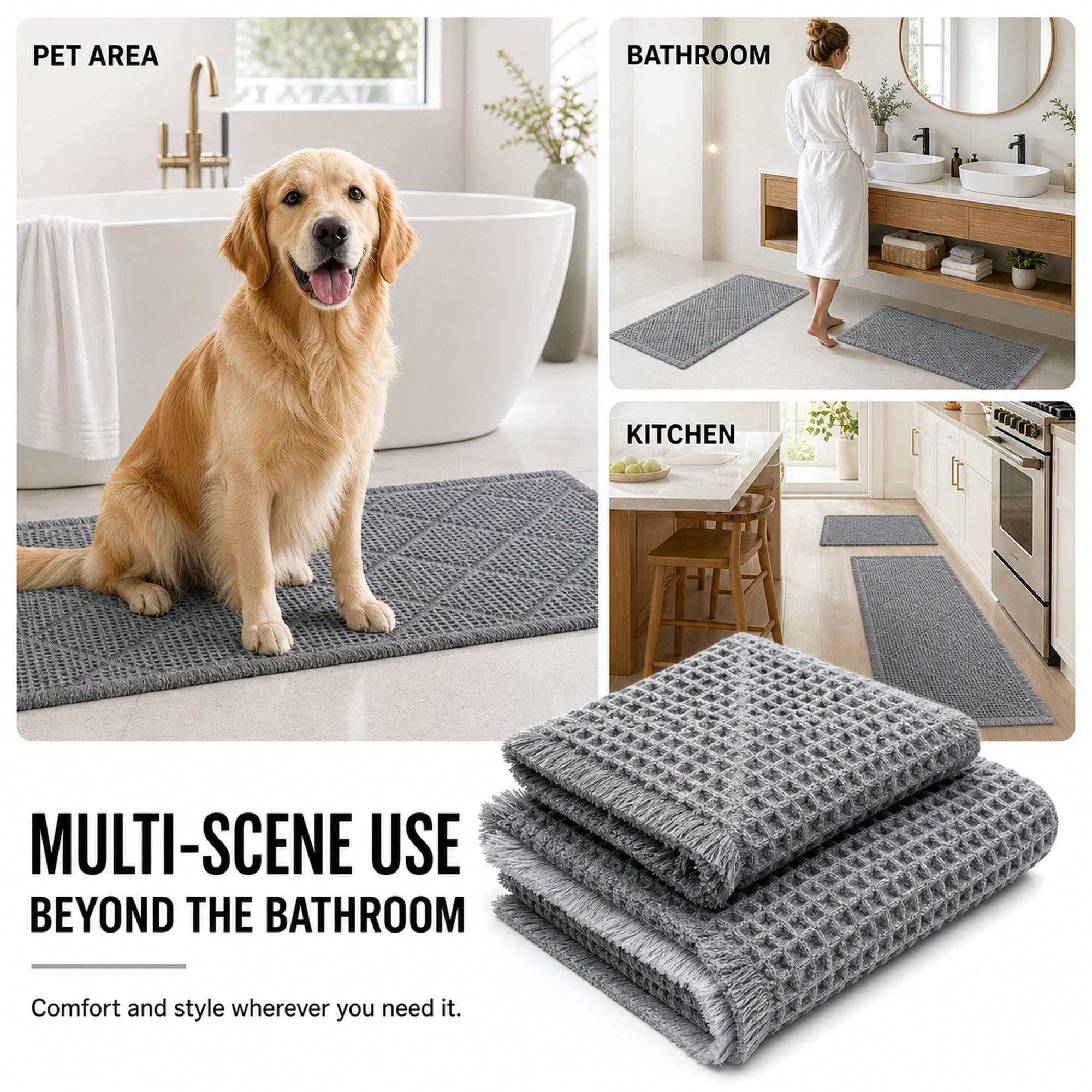 HBK 2 Piece Waffle Bath Mat Set, Non-Slip Bathroom Rugs, Absorbent & Machine Washable Shower Runner, Grey & White, 20 x 47 and 18 x 30 Inches