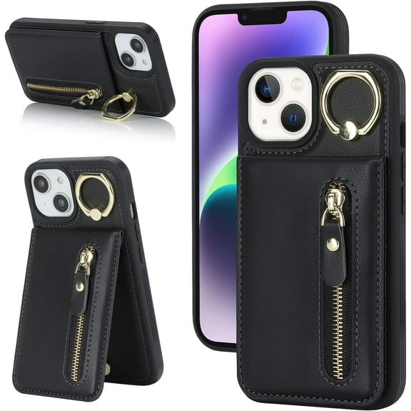 for iPhone 13 Case with Card Holder for Women, for iPhone 13 Phone Case Wallet with Credit Card with Ring Kickstand Zipper Shockproof Slim Stand Case for iPhone13 - Black