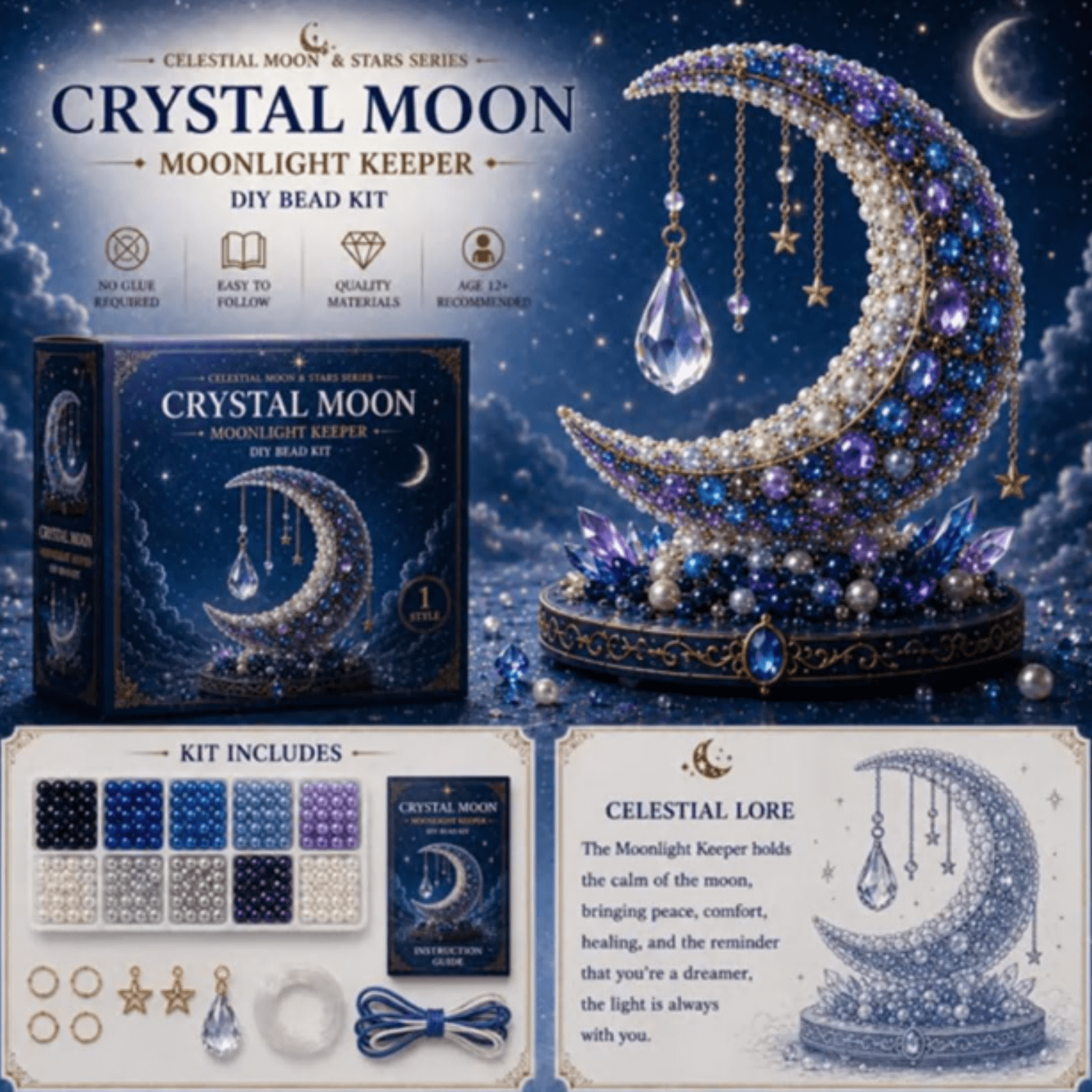 Moon Cat Luna Guardian DIY Bead Kit Funny 3D Beaded Celestial Moon Stars Craft Kit Creative Manual Jewelry Art Craft Gifts for Adults、Beginners、Stargazing Enthusiasts& DIY Craft Lovers (Moon)
