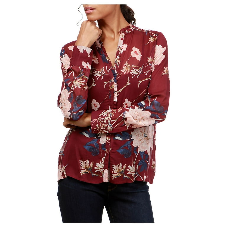 Lucky Brand Womens Ruffled Floral-Print Button Up Shirt, Red