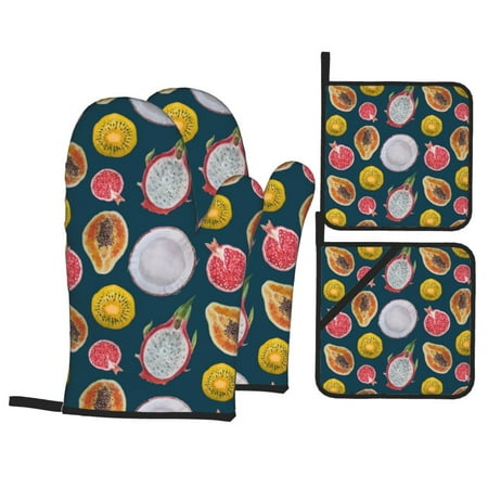 

Oven Mitts and Pot Holders 4 Piece Papaya pitaya Pomegranate High Heat Slip Resistant Oven Mitt and Trivets Set Kitchen Oven Glove Pot Holders for Cooking Baking Grilling