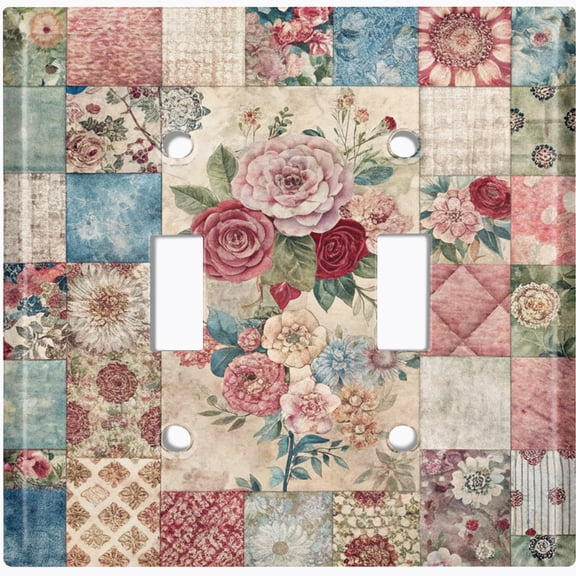 Metal Light Switch Wall Plate Outlet Cover (Printed Image of Botanical Patchwork - Double Toggle)