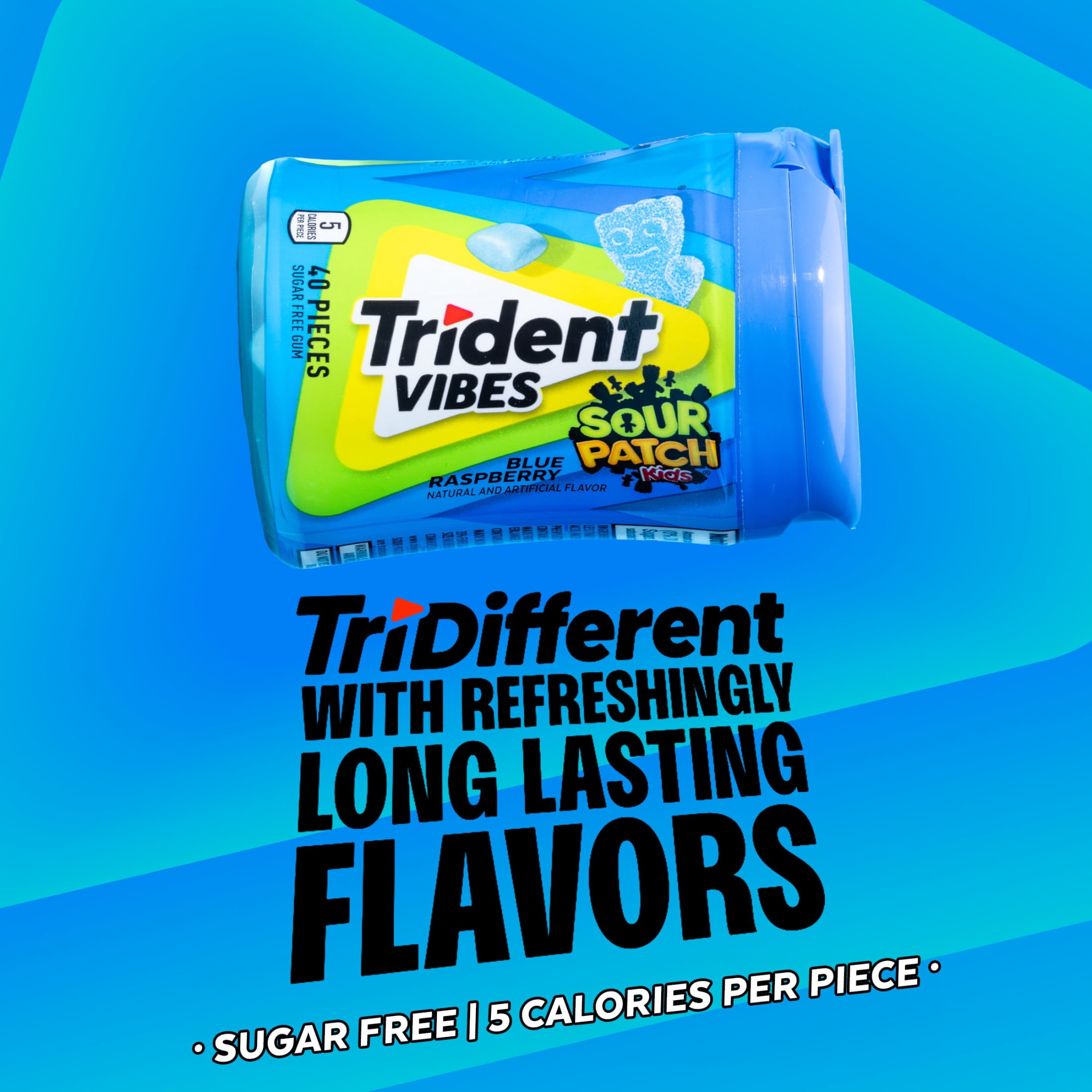 Trident Vibes Sour Patch Kids Sugar Free Gum, Blue Raspberry, Regular Size, 40 Piece Bottle