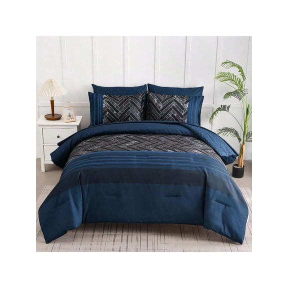 Navy Blue Comforter Set King Size 7 Pieces Stripe Geometric Bed In A Bag Soft Microfiber Navy Comforter And Sheet Set Complete Bedding Sets For All Seasons 104*90