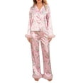 thumbnail image 2 of AIGUR Mommy and Me Matching Pajamas Santa Print Button Down Long Sleeve Lapel Tops Pants Family Christmas Satin Sleepwear, 2 of 10