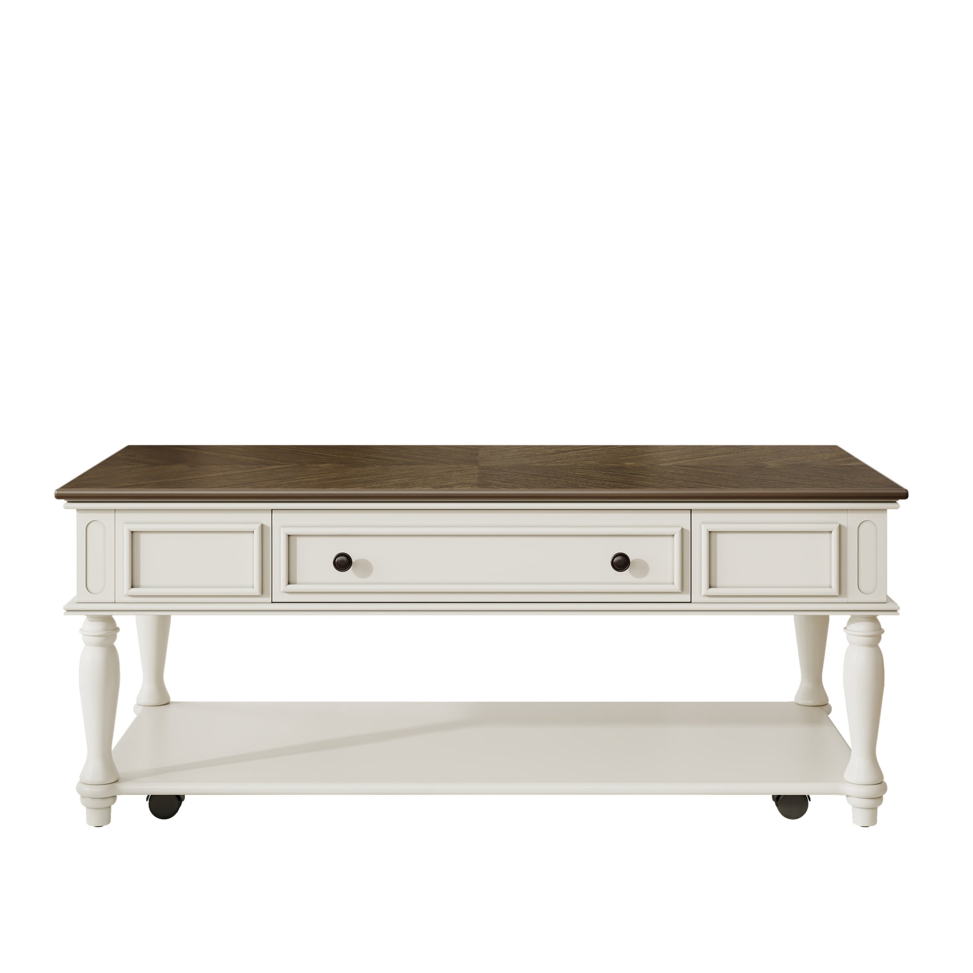 Euroco Farmhouse Coffee Table with One Drawer, Easy Assembly, Retro Movable Rectangular Cocktail Table with Lockable Wheels, Country Style Center Table with Solid Wood Legs
