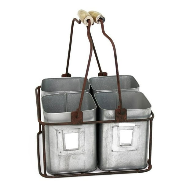 Benzara Galvanized Metal Four Tin Organizer With Handles, Gray