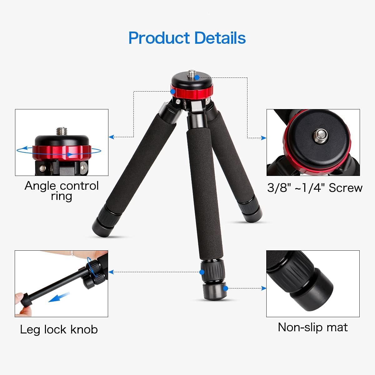 Koolehaoda Mini Tripod All Metal Tabletop Tripod Stand with 1/4 and 3/8 Screw Mount and Function Leg Design, Max Height 13 inch, Load up to 10kg/22lbs,for DSLR Camera,Monopods
