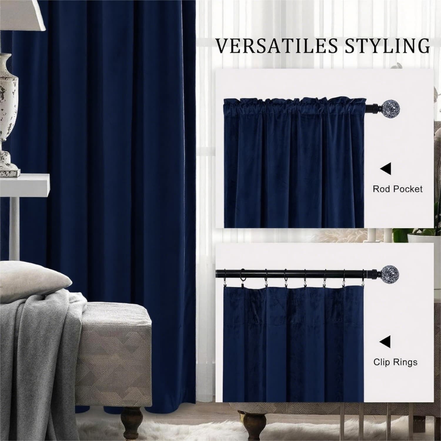 Navy Blue 52 X 120 Velvet Curtains for Bedroom & Living Room, Thermal Insulated Light Filtering Drapes, Noise Reducing Rod Pocket Window Treatments, 2 Panels