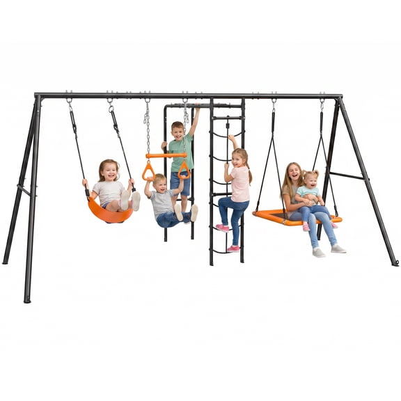 KloKick Heavy-Duty Metal Swing Set for Backyard, Outdoor Playset with Monkey Bars, Belt Swing, Platform Swing, Climbing Net, Trapeze Bar, for Kids 3-12(Black)