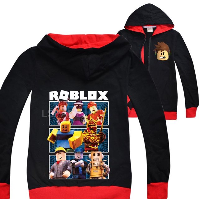 roblox-sudadera con capucha y cremallera para niños y niñas abrigo colorido con estampado de dibujos animados ropa de moda Sudadera negra con forro y detalles rojos; vista frontal y posterior; posterior muestra gran estampado rectangular con varios personajes estilo Roblox y logotipo 'ROBLOX' en blanco; frontal izquierdo pequeño estampado de rostro de personaje y cremallera visible.