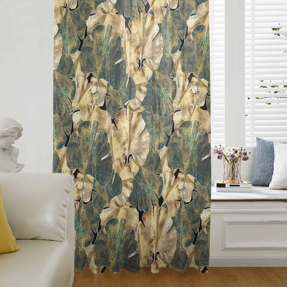 Beige Green Leaves Semi Sheer Curtains Drapes for Living Room, Bedroom, French Doors Window 96 Inches Long, Farmhouse Vintage Botanical Rod Pocket Chiffon Curtain Drapery Voile Draperies Panel
