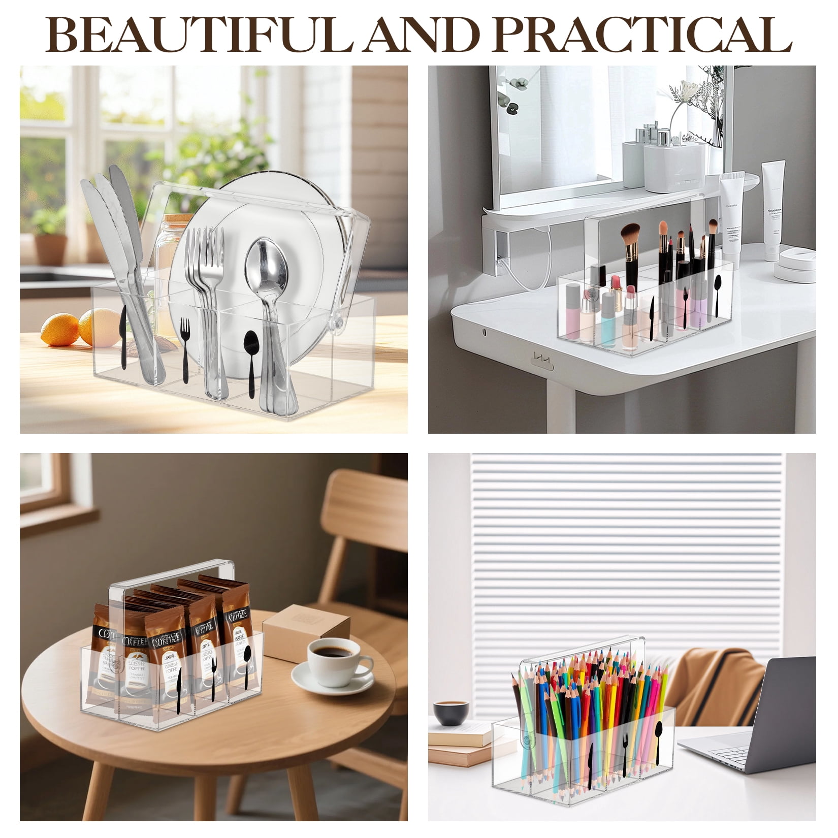 Clear Acrylic Utensil Organizer with Handle, 4 Compartments Cutlery Holder for Forks, Spoons, Knives, Cups & Napkins, Portable Kitchen & Party Caddy, 9.45 x 3.54 x 5.31 inch
