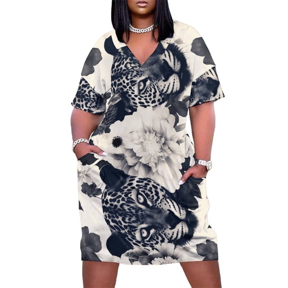 Leopard Print Women's Loose Short Sleeve Dress Casual Summer Plus Size Long Dresses with Pockets