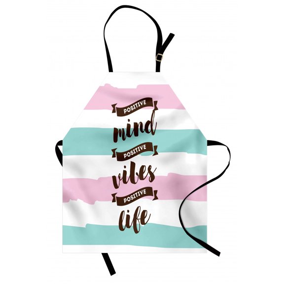 Saying Apron, Positive Mind Vibes Life Lettering on Bicolour Brushstrokes, Unisex Kitchen Bib with Adjustable Neck for Cooking Gardening, Adult Size, Pale Pink Pale Seafoam, by Ambesonne