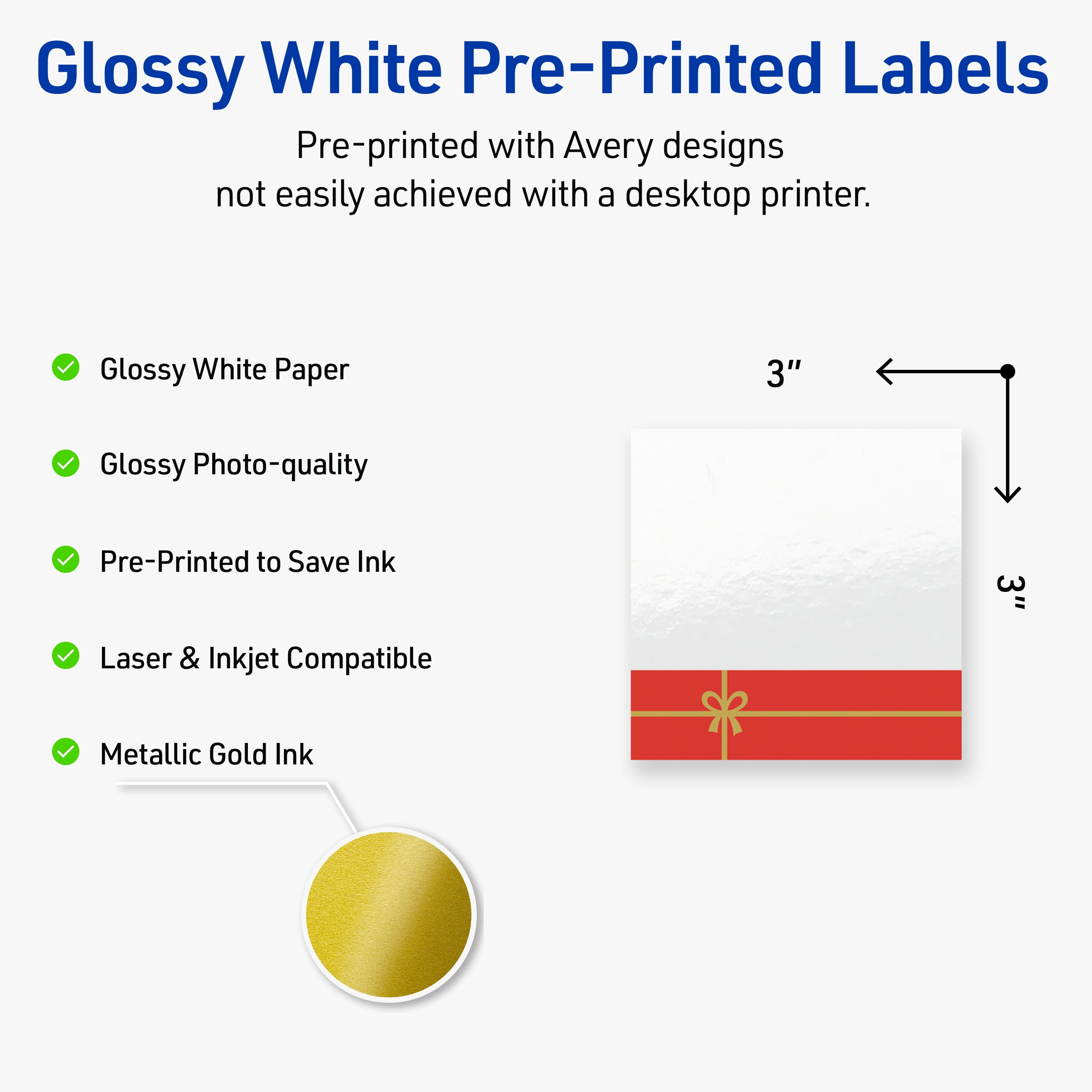 Avery Labels, 3" x 3", Gold-Red Gift, Glossy, 60ct