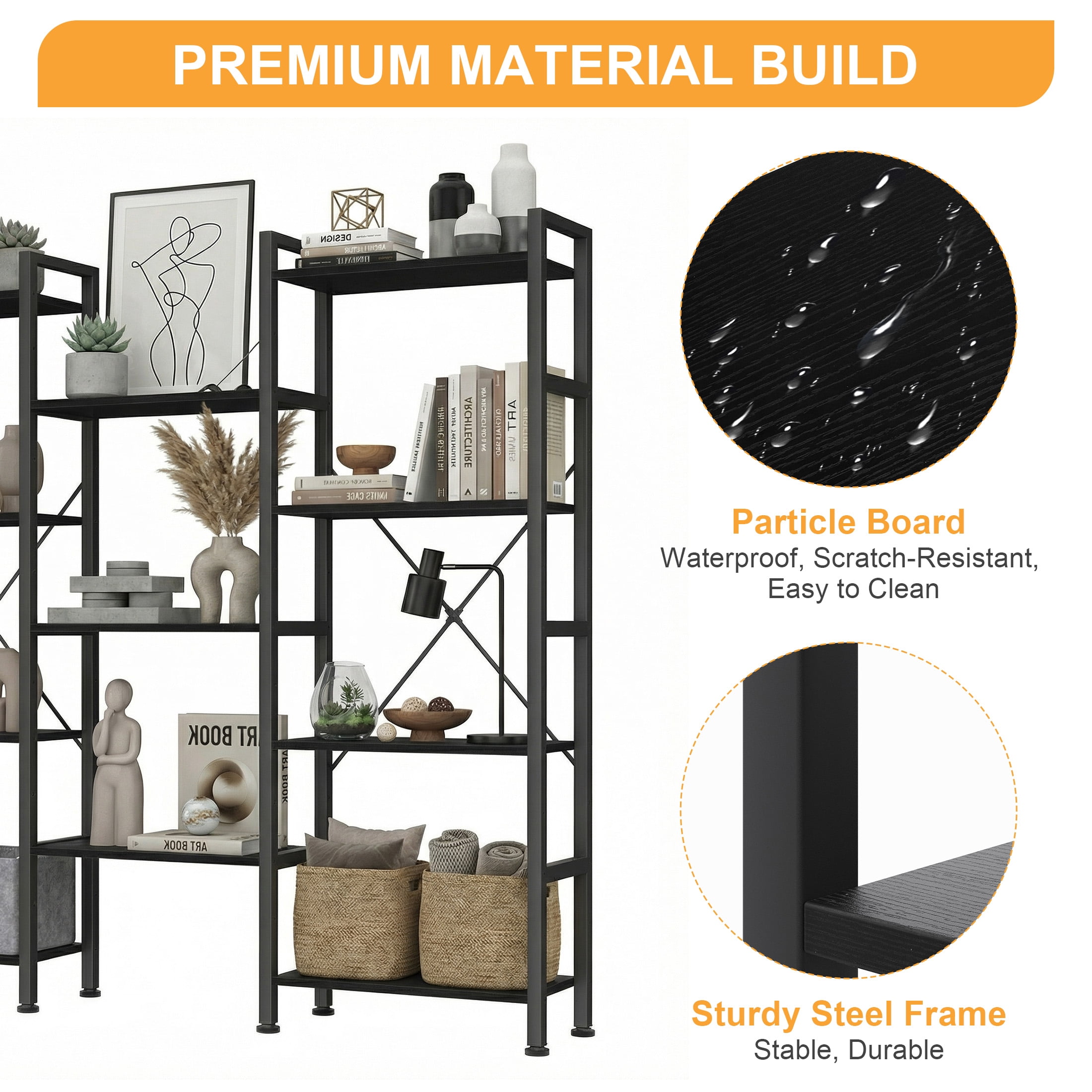 EDX Triple 4 Tier Bookshelf Storage Shelf, Modern Freestanding Bookcase with Metal Frame, Open Display Shelves, Space Saving Storage Organizer, Black