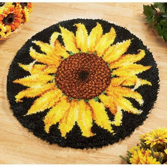 Latch Hook Kits Rug Sunflower Yellow Flower Crochet Yarn Pre-Printed Round Shape Cushion Embroidery Needlework Carpet Cover Hook and Latch Kit Tapestry Christmas Home Decoration 50x50cm