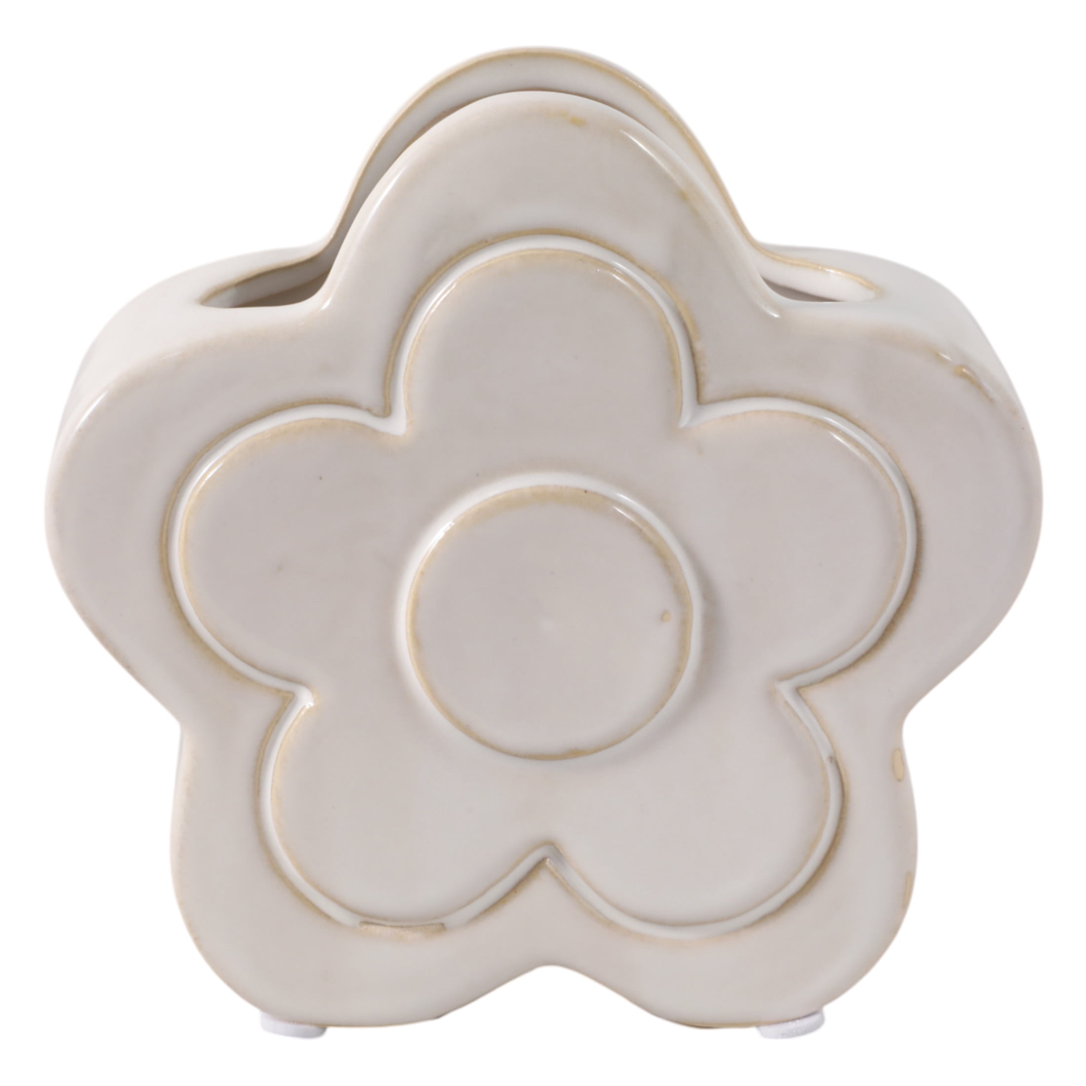Decorative Ceramic Flower Shape Desktop Organizer for Home Decor - Small Desk Organizer for Office, Workspaces, or Storage - Stylish Office Accessory Decor for Bedroom or Bathroom - 6", Ivory & White