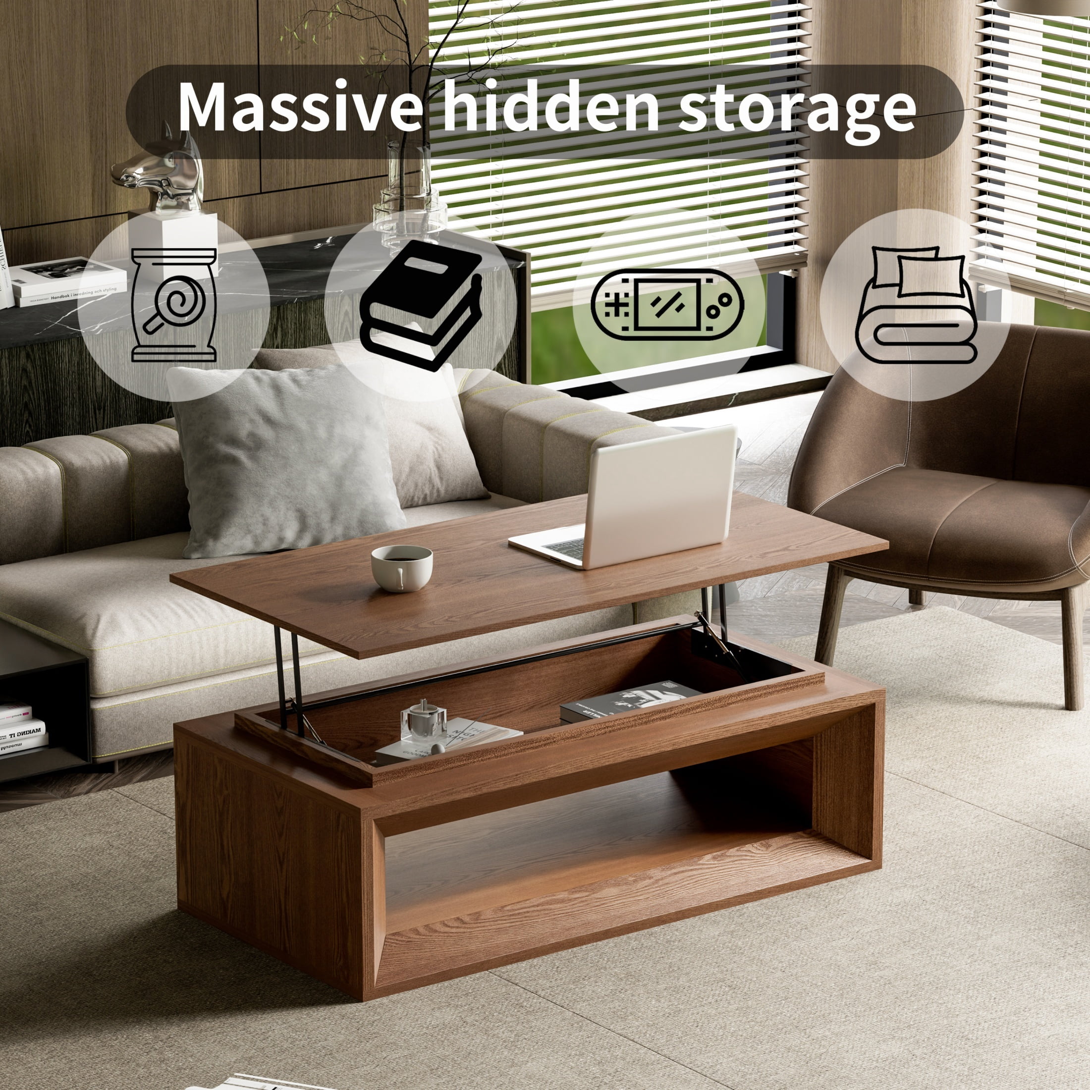 Lift-Top Adjustable Coffee Table with Hidden Storage, Solid Wood Veneered Modern End Table, Accent Cocktail Table