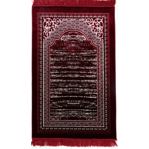 Modefa Turkish Islamic Lux Plush Regal Velvet Prayer Rug Janamaz Sajjadah Carpet with Free Prayer Cap - Red