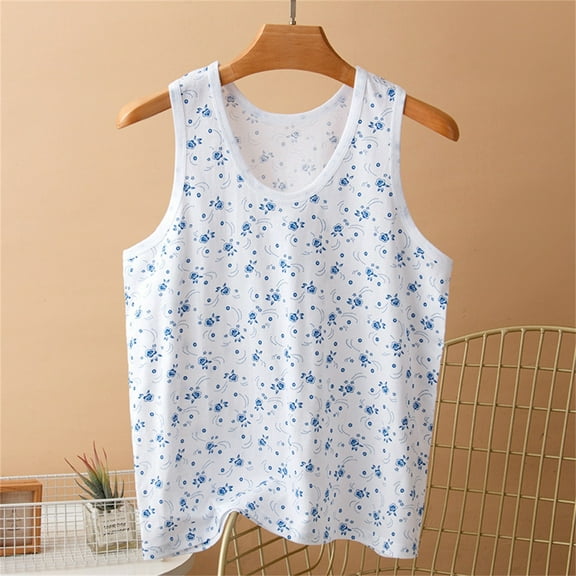 Ayolanni Women's Blouses Cotton Blue Floral Print Round Neck Tank Tops Girls Shirts L