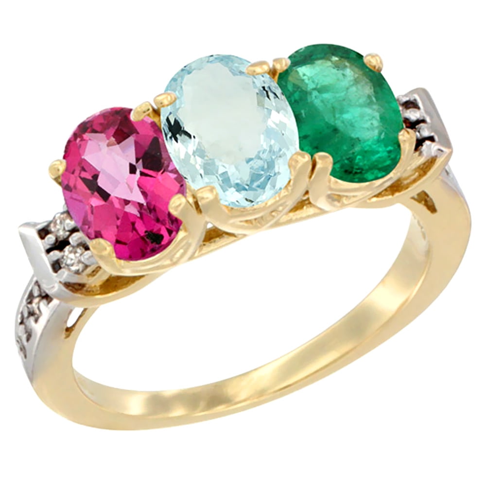 14K Yellow Gold Natural Pink Topaz, Aquamarine & Emerald Ring 3-Stone 7x5 mm Oval Diamond Accent, sizes 5 10 by WorldJewels
