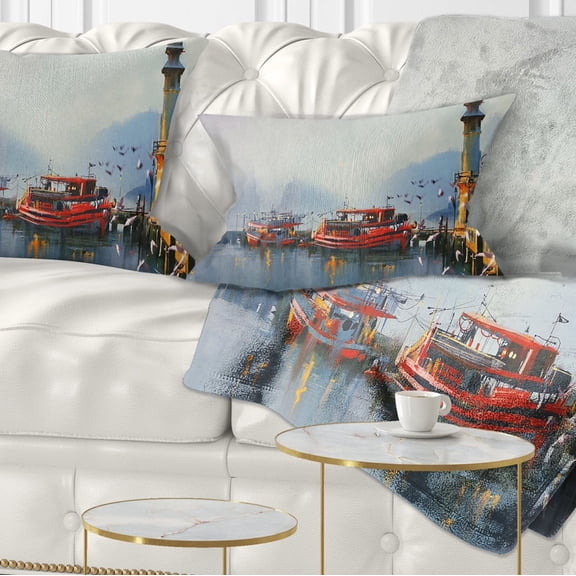 Designart Fishing Boats in Harbor - Landscape Painting Throw Pillow - 12x20