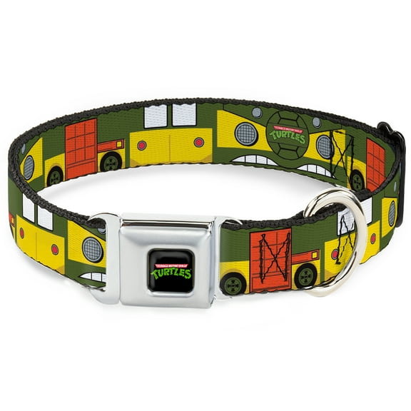 Nickelodeon Pet Collar, Dog Collar Metal Seatbelt Buckle, Classic TMNT Ninja Turtles Party Van All Sides Green Multi, 9.5 to 13 Inches 1.0 Inch Wide