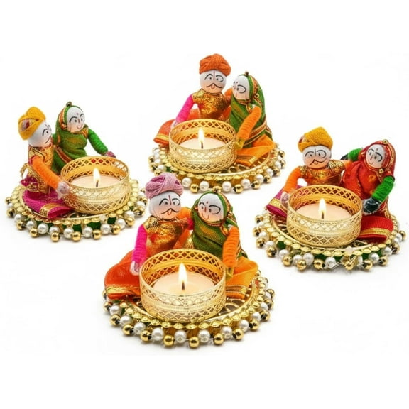 Store Indya Traditional Tea Light Candle Holders, Orange and White, Set of 4, Metallic Finish, Indoor Decor (Design 2)