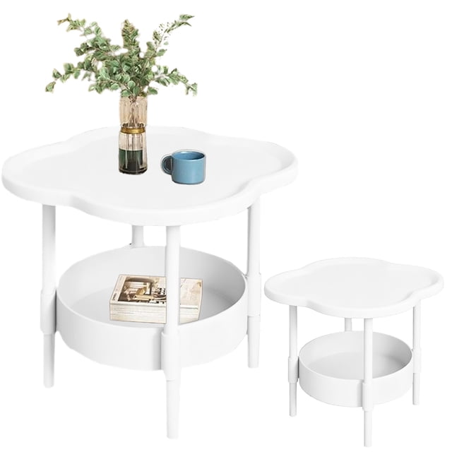 42cm White 2-Tier Plastic Side Table – Space-Saving Bedside End Table for Living Room, Bedroom & Balcony, Removable Tray & Easy Assemble
