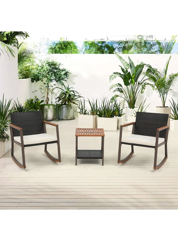 3 Piece Patio Set, Outdoor Furniture Wicker Bistro Set Rattan Chair Conversation Sets with Coffee Table and Cushions
