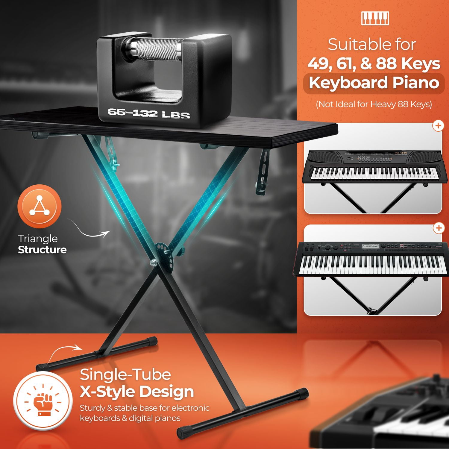 Digital Piano Keyboard Stand Musician Electric Organ Piano Stand Single Tube X Stand Type, 7 Position Folding Adjustable Height Keyboard Stands Metal Braced Rack Portable with Locking Straps