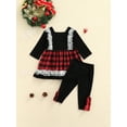 thumbnail image 4 of FOCUSNORM Christmas Kids Girls Plaid Square Collar Lace Dress with Bow + Ruffle Pants, 4 of 8