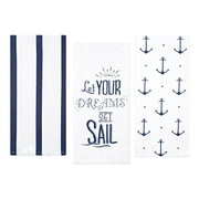 Sticky Toffee Cotton Flour Sack Kitchen Towels, Anchor and Stripe Nautical Prints, 3 Pack, 28 in x 29 in