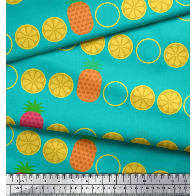 Soimoi Green Rayon Fabric Pine & Lemon Slices Fruits Decor Fabric Printed Yard 56 Inch Wide