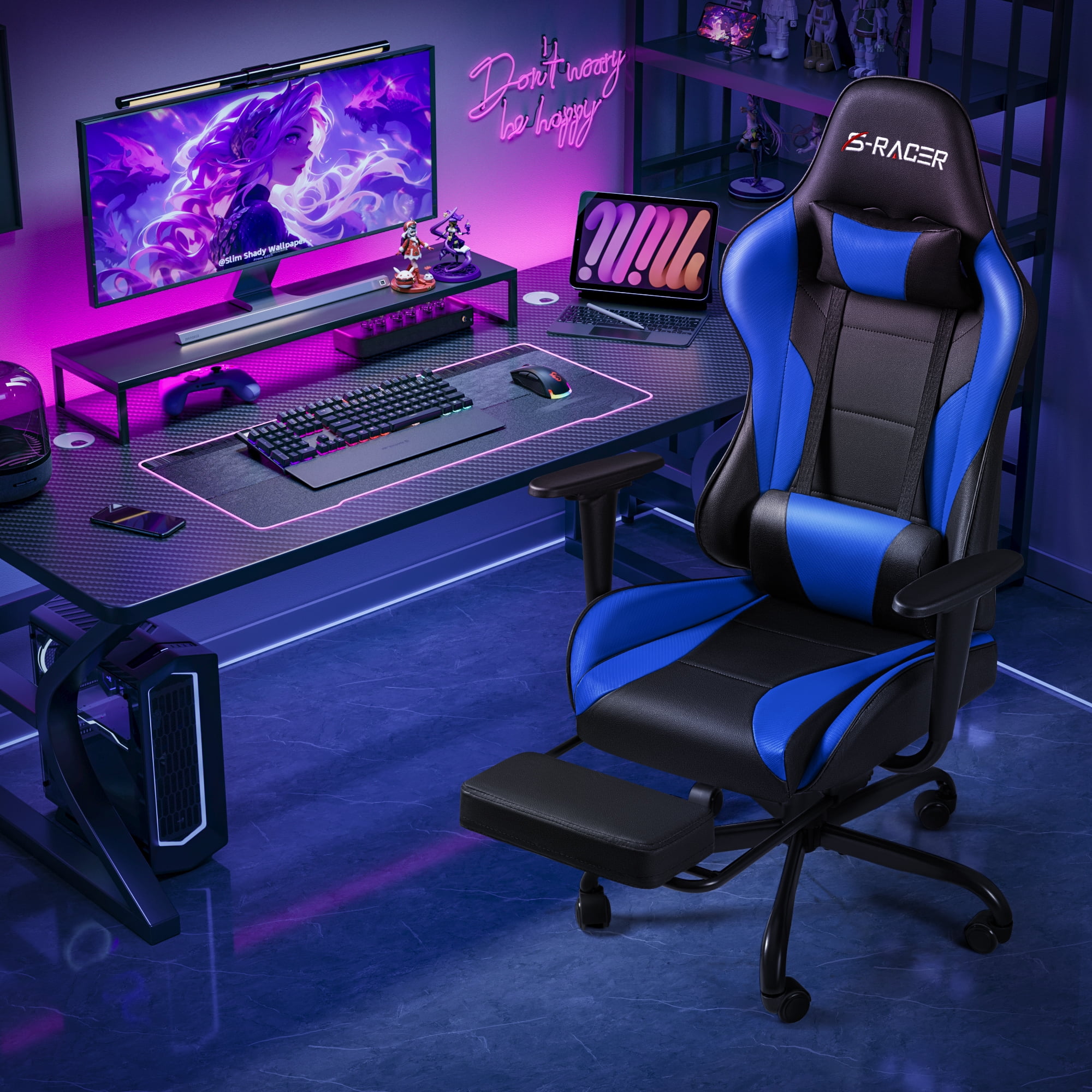 Homall Gaming Chair Massage Office Chair High Back PU Leather Chair with Footrest, Blue