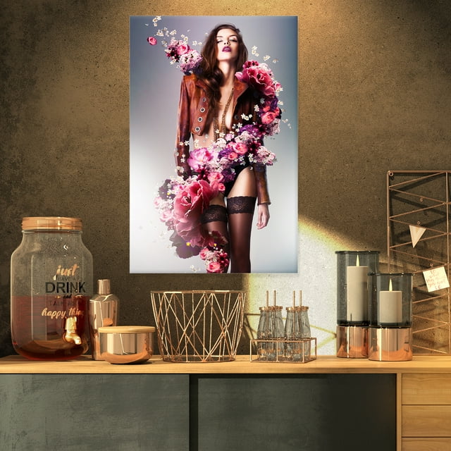 Femme Fleur Érotique en Veste - Grande Impression sur Toile Portrait