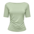 thumbnail image 3 of Elegyee Casual Short Sleeve T Shirt for Women Summer Solid Round Neck Ruched T-Shirt Top, 3 of 3