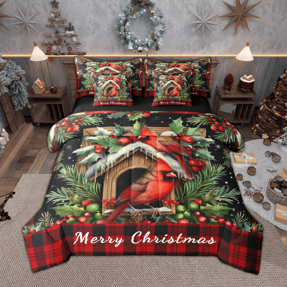 Manfei Chic Cardinal Bird Twin Bedding Sets 7 Pieces, Merry Christmas Bedding Comforter Set, Xmas Red Checkered Sheet Sets, Microfiber Bedroom Decor