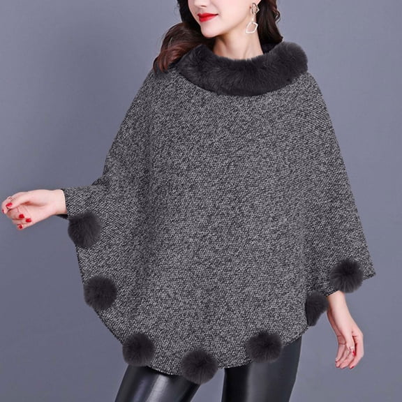 AUNVITO Women's Faux Fur Scarf Poncho Sleeveless Cape with Pom Poms Winter Warm Shawl Collar Casual Outerwear