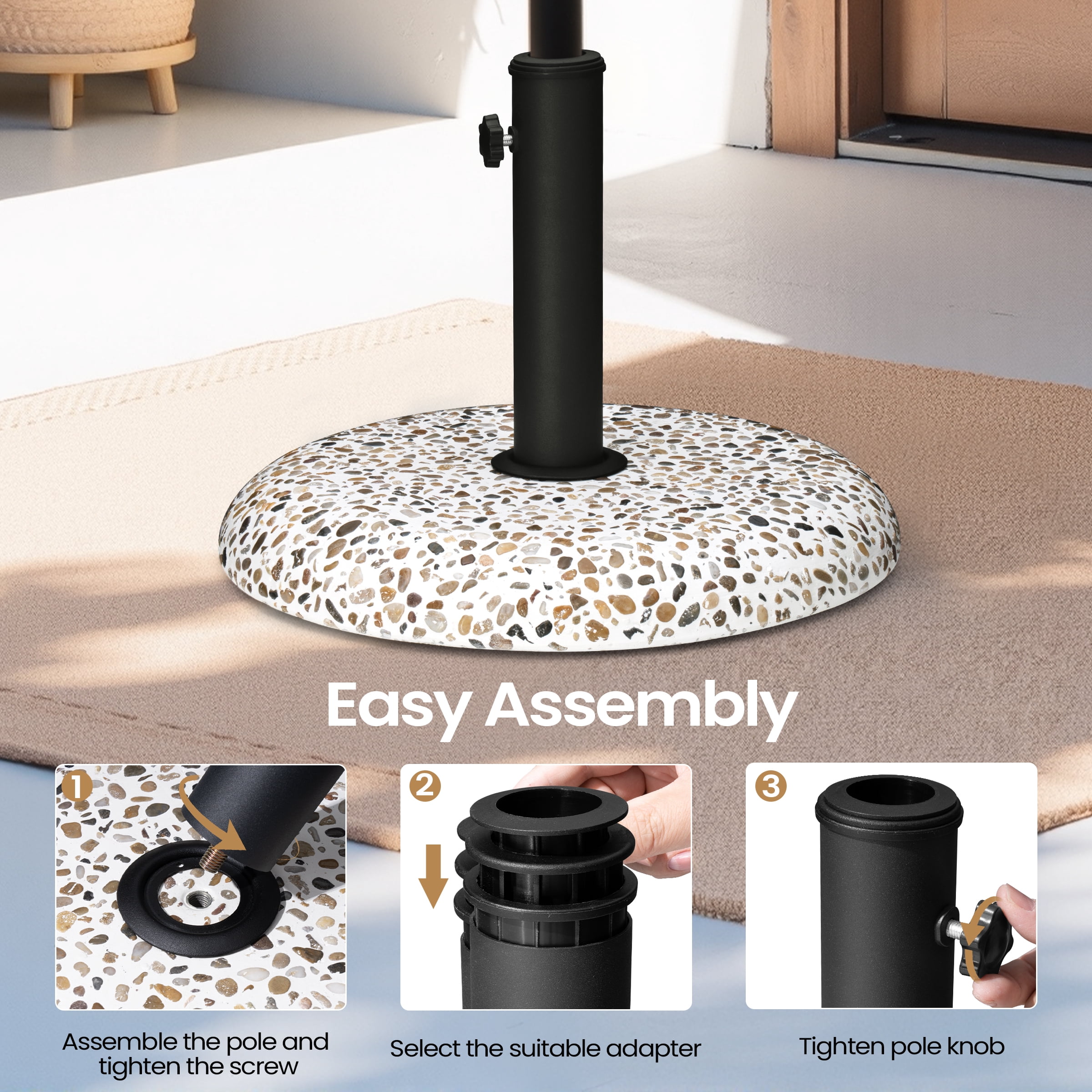 Pellebant Patio Umbrella Base, 45lbs, Round Cobblestone Concrete Base, Heavy Duty Market Umbrella Stand for Outdoor, Lawn, Deck, Poolside