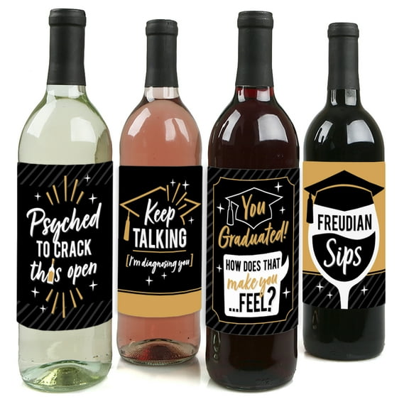 Big Dot of Happiness Psychology Grad - Psychologist Graduation Party Decorations for Women and Men - Wine Bottle Label Stickers - Set of 4