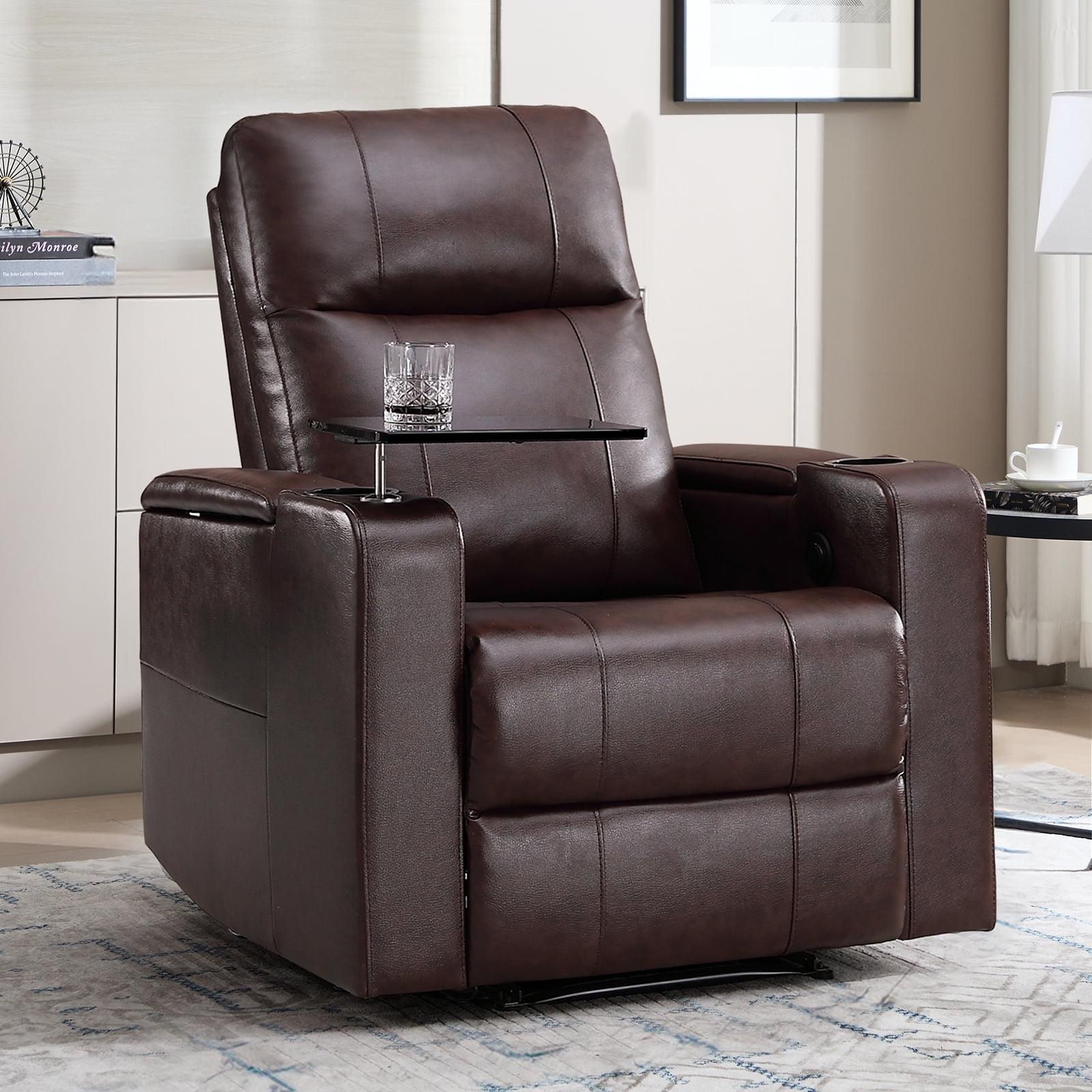 Bonzy Home Power Electric Recliner Chair, PU Leather Home Theater Seating with Swivel Tray Cup Holders, USB Port & Hidden Storage, Single Movie Recliner for Living Room Media Room, Brown