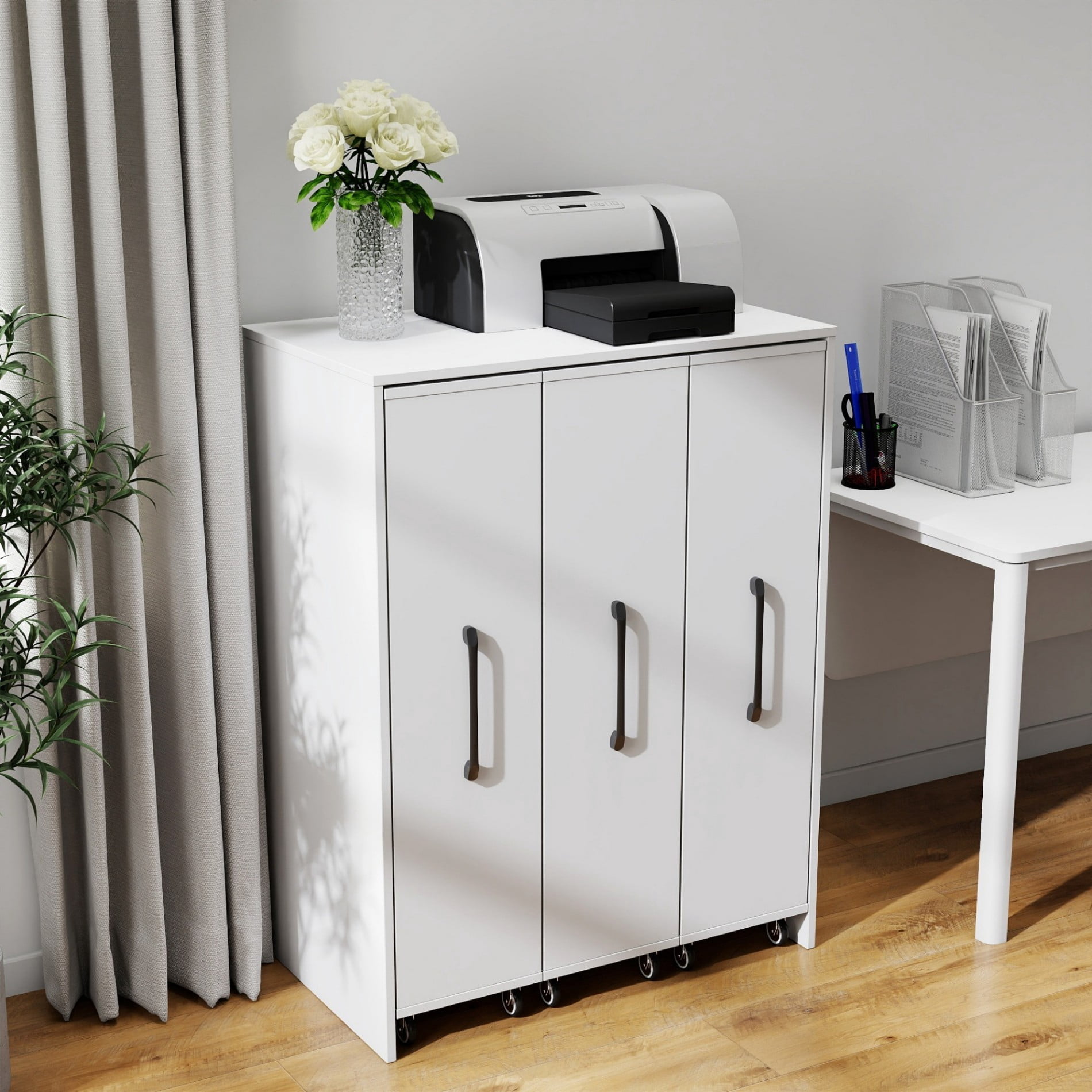 3 Tier Bookcase with Pull-Out Shelves, Sliding Storage Cabinet with 3 Hidden Doors, Floor Standing Wooden Bookshelf Organizer for Office, Bedroom, Living Room, Space Saving Cabinet, White