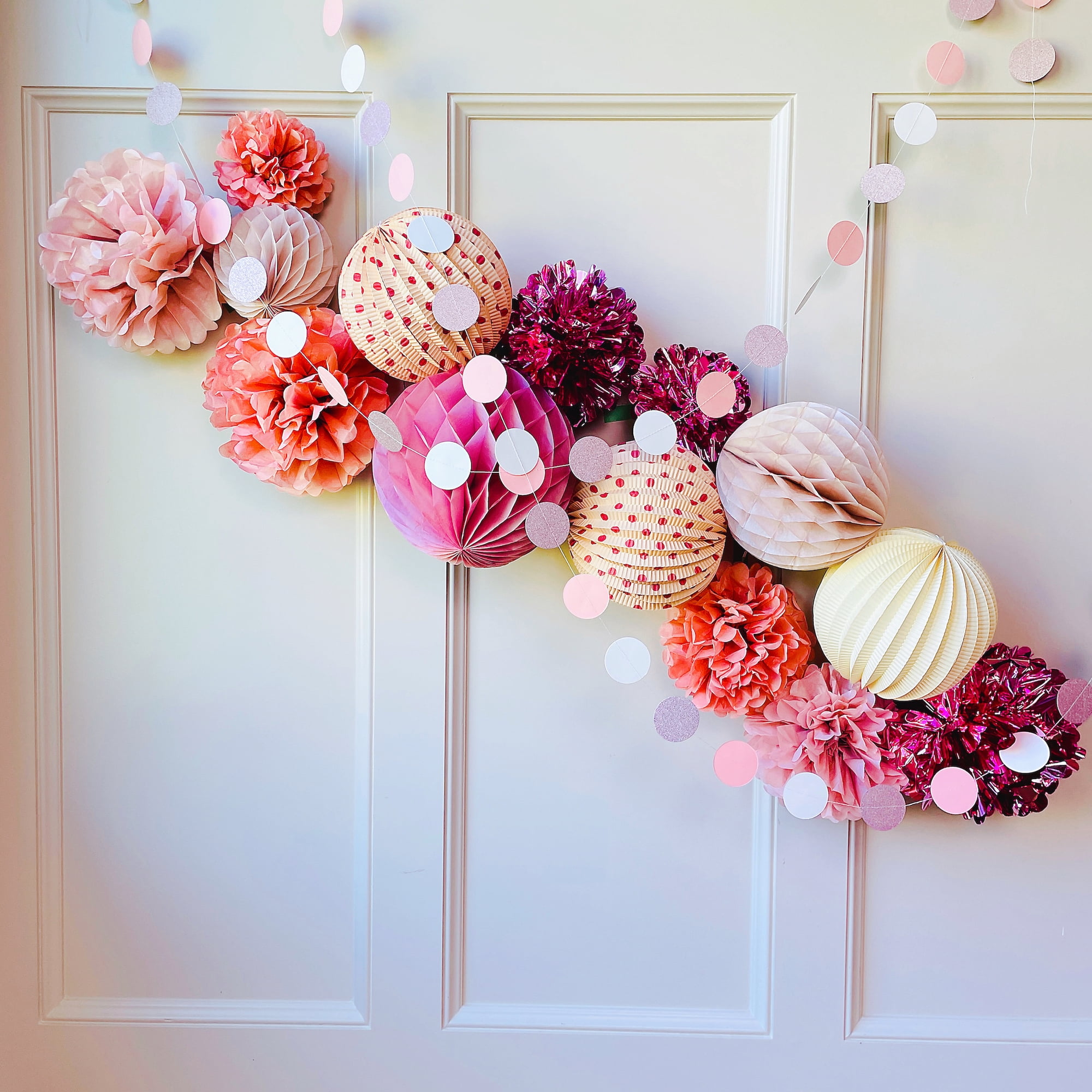 PapaKit Premium Paper Decoration Set - Pom Pom, Honeycomb and Accordion Lantern (Dusty Rose Bloom with Metallic Rose Gold) Birthday Party Baby Shower Bride to Be Engagement Wedding Events