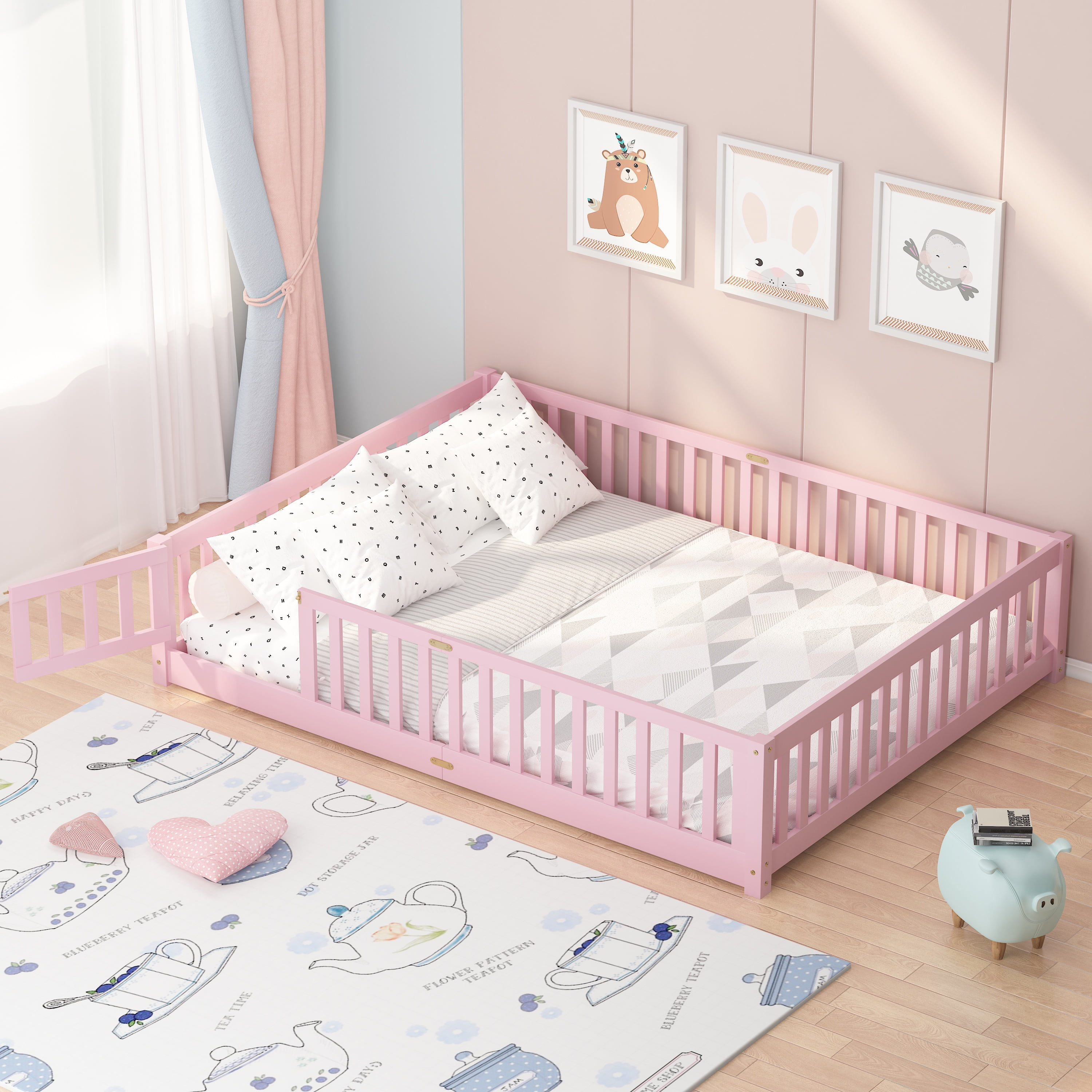 UHOMEPRO Queen Size Floor Bed with Door and Fence for Kids, Toddler Bed Montessori Floor Bed with Slats and Safety Guardrails, Solid Wood Queen Bed Frame for Girls Boys Kids Bedroom, Pink