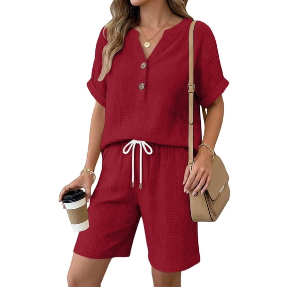 Xdegoge Women's Cotton Linen 2 Piece Outfits Summer Casual V Neck Button Down Short Sleeve Shirts and Drawstring Shorts Lounge Set Tracksuit with Pockets